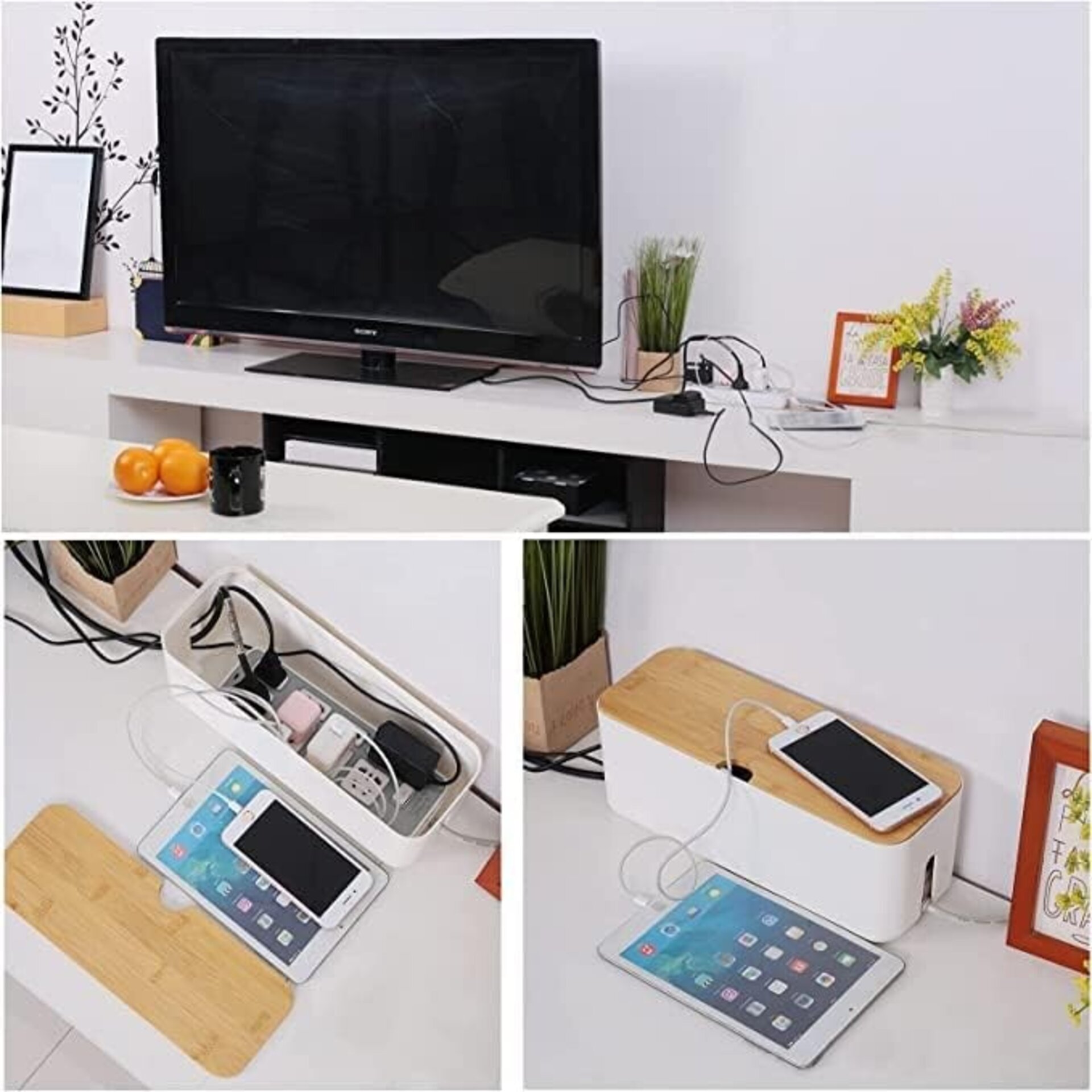 Caja Organizadora de Cables con Tapa de Bambú - Oculta Cables y Regletas - Ideal - 4